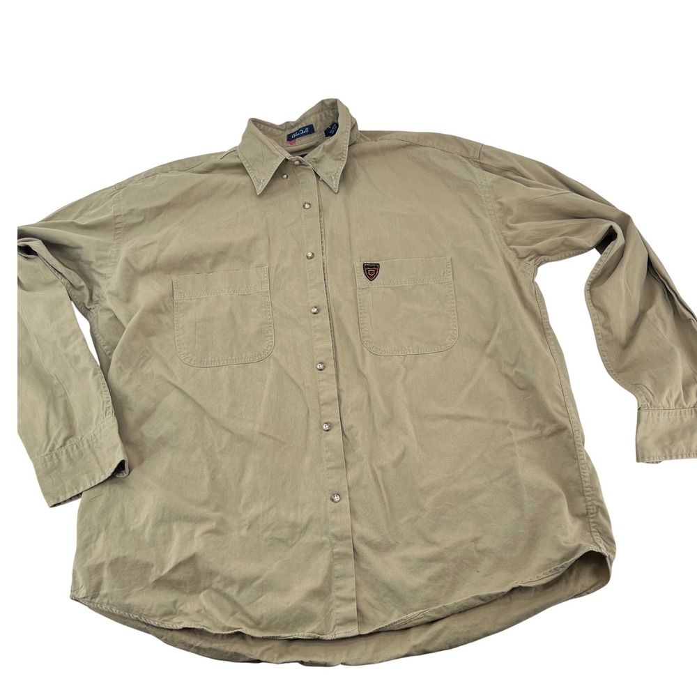 Vintage Gant Chelsea Twill Mens L Tan Khaki Cotton Button Down Shirt CB-005 Logo